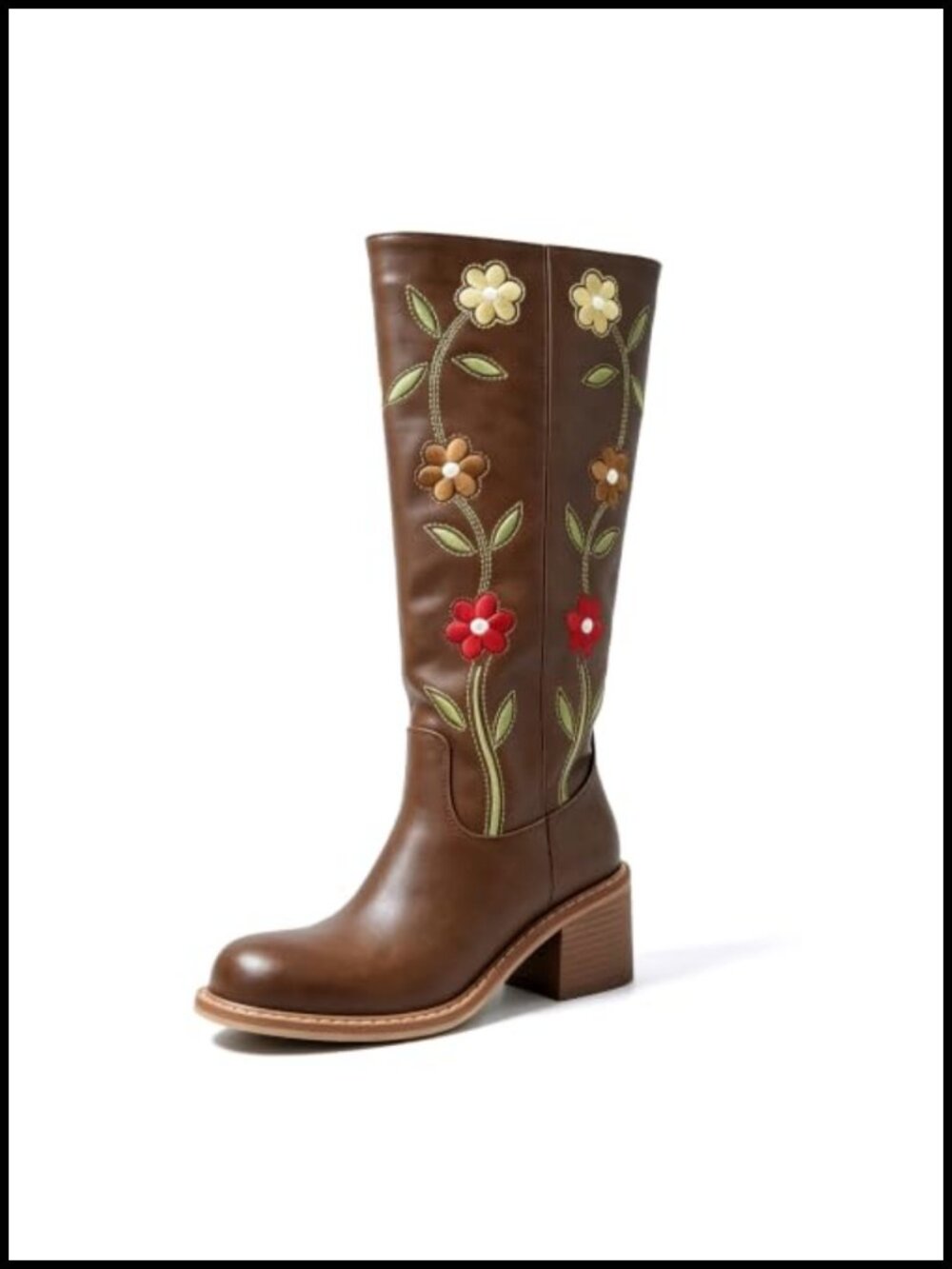 Women's Floral Embroidered Western Cowboy Boots Mid Calf Square Heel Pull On